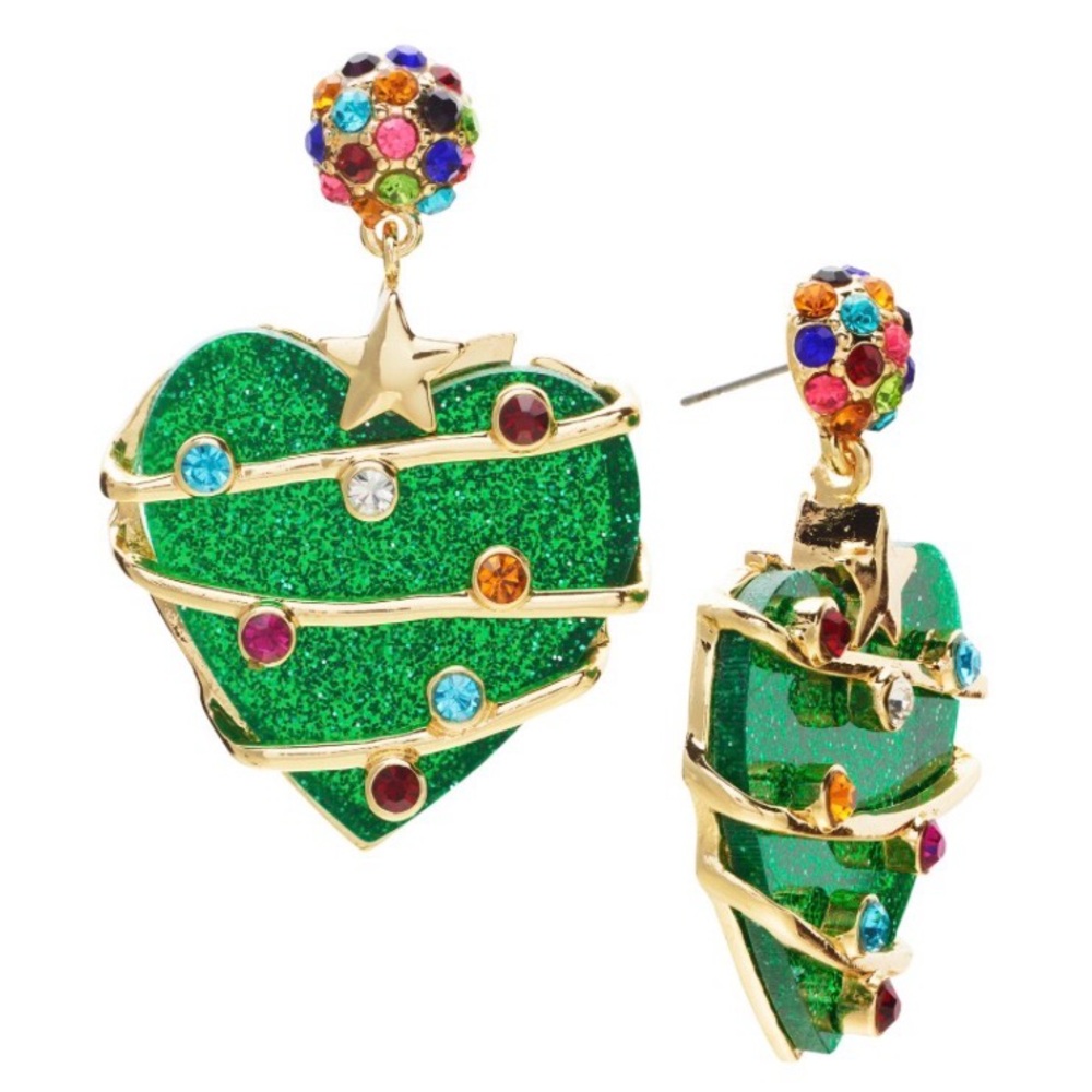 NWT Holiday Lane Gold-Tone Multicolor Pave Glitter Heart Drop Earrings